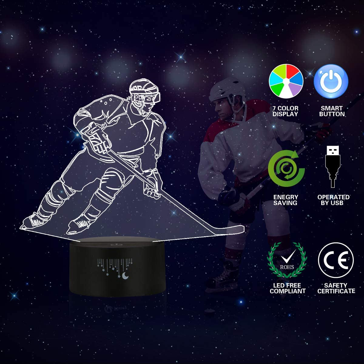 Hockey Night Light for Kids, Led Lights 3D Optical Illusion Lamp Bedroom Decor Lighting Nightlight with Smart Touch 7 Colors, Cool Gifts Toys for Girls Boys Sports Fan 2 3 4 5 6 7 8 9 10+ Year Old