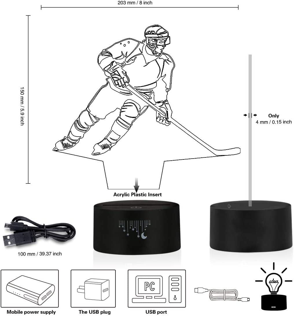 Hockey Night Light for Kids, Led Lights 3D Optical Illusion Lamp Bedroom Decor Lighting Nightlight with Smart Touch 7 Colors, Cool Gifts Toys for Girls Boys Sports Fan 2 3 4 5 6 7 8 9 10+ Year Old